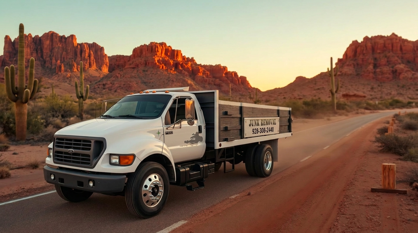 True West junk removal truck parked on an Arizona desert road at sunset